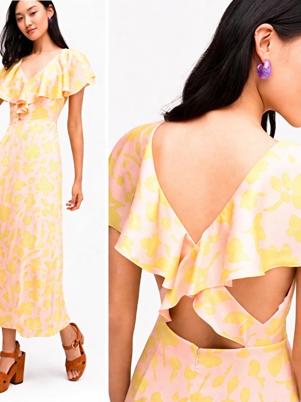 kate spade Pink and Yellow Floral Ruffle Open-Back Midi Dress Sz 12 NWOT